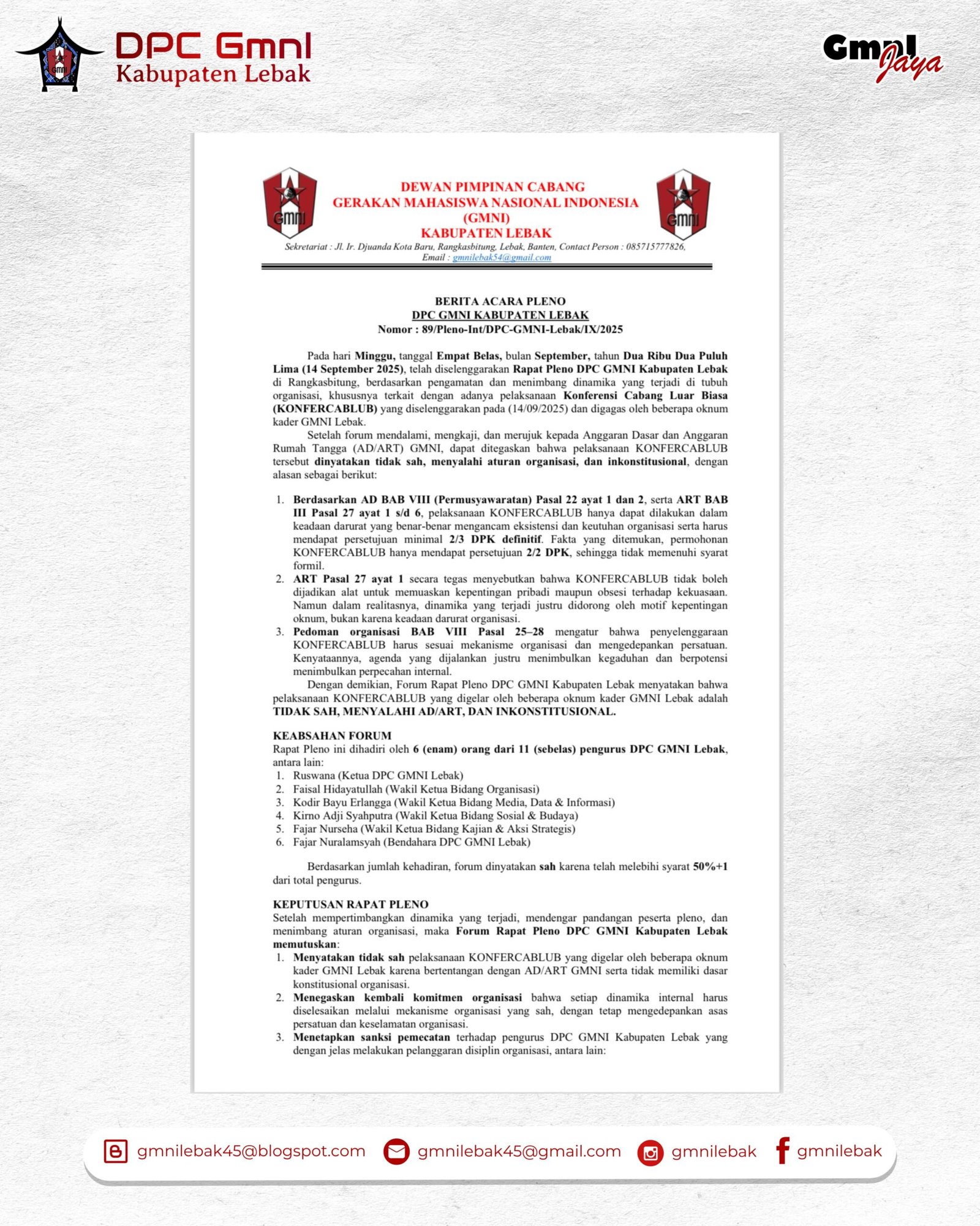 Berita Acara Pleno DPC GMNI Kabupaten Lebak pada Minggu, (14/09/2025).